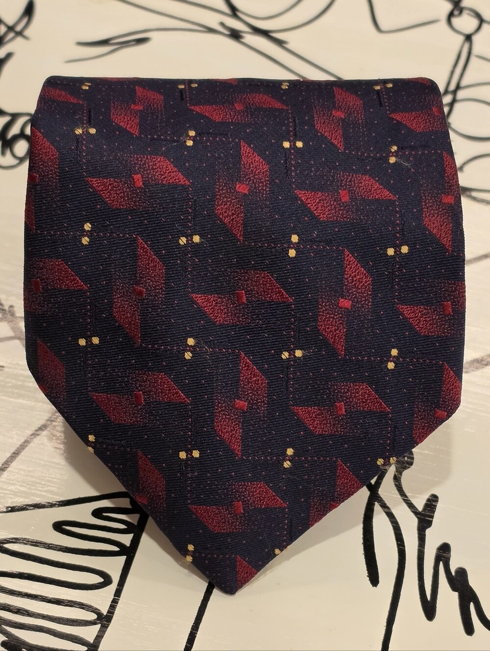 Biella Premier Edition Silk Tie Mens Geometric Red Navy Blue Yellow Dots Vintage